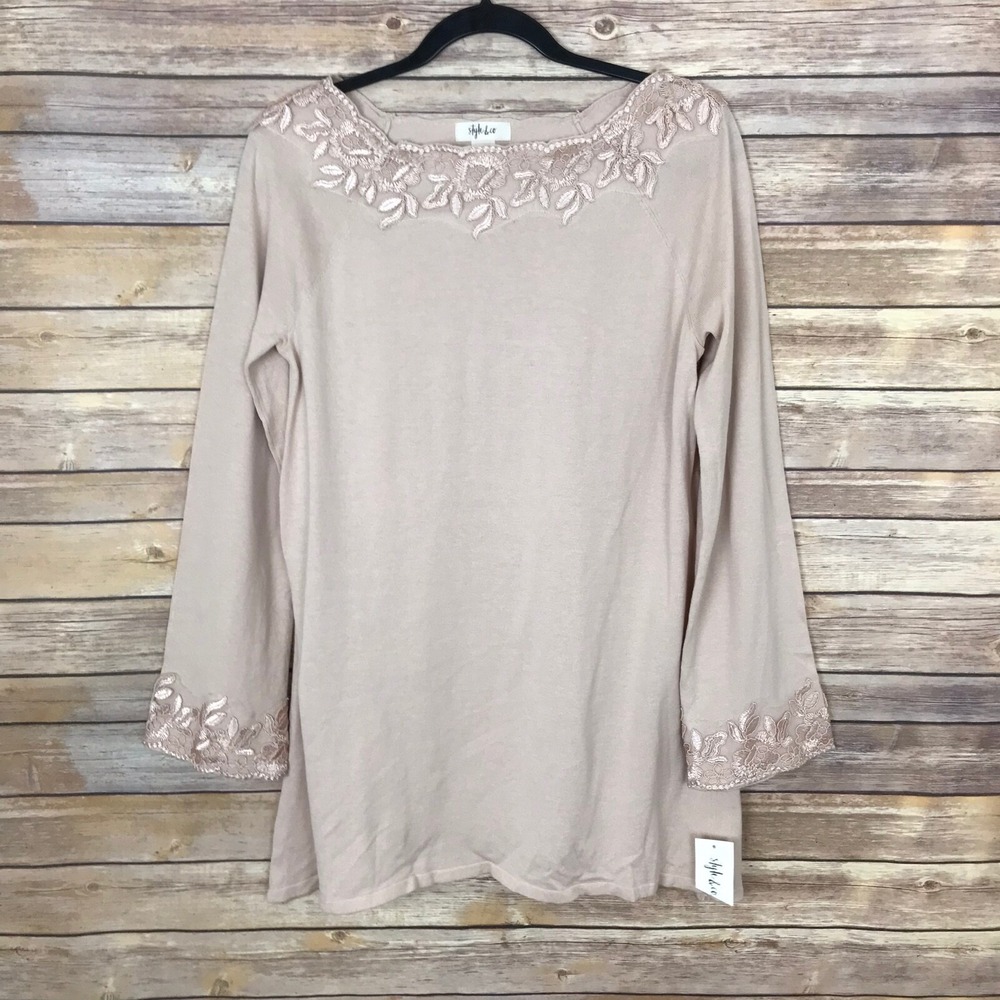 Style&Co Sweater Womens S Pink Boat Neck Tunic Lace Trim Pullover Long Sleeve
